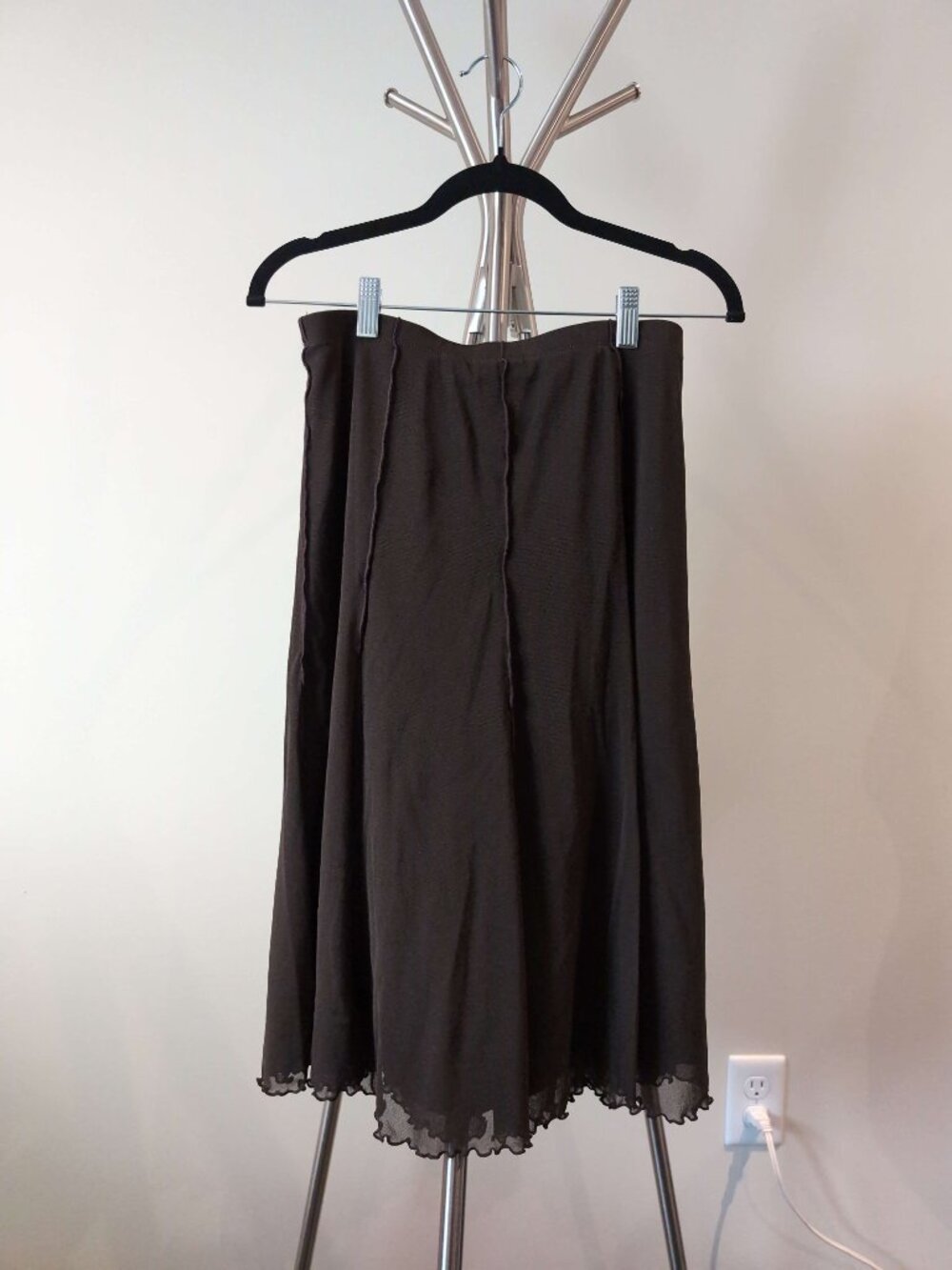 Mexx Dark Brown Flared A-Line Midi Skirt | Scalloped Mesh Hem | 100% Nylon - Picture 2 of 4